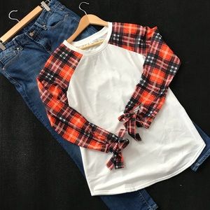 Plaid Baseball Tee With Ties on Sleeves